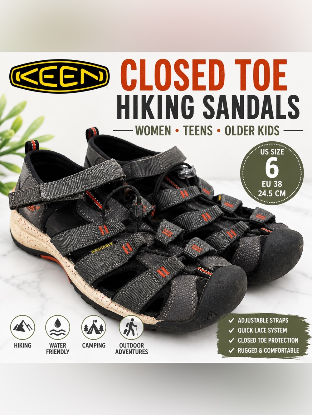 Keen Women / Big Kids Black and Gray Closed-Toe Sport Hiking Water Sandal Sz 6